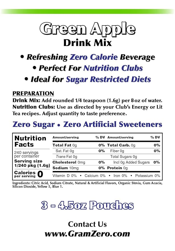 GramZero Green Apple Zero Calorie Sugar Free Drink Mix Great For Nutrition Club Loaded Tea Stevia Sweetened