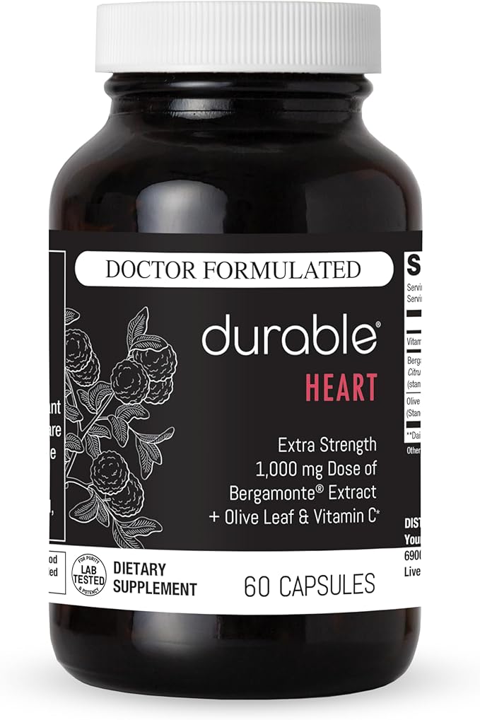 Durable Heart – Bergamonte Citrus Bergamot 1000 mg + Olive Leaf Extract + Vitamin C - Heart Health Supplement for Healthy Cholesterol - Doctor Formulated Vegan Non-GMO Made in USA (60 Capsules)