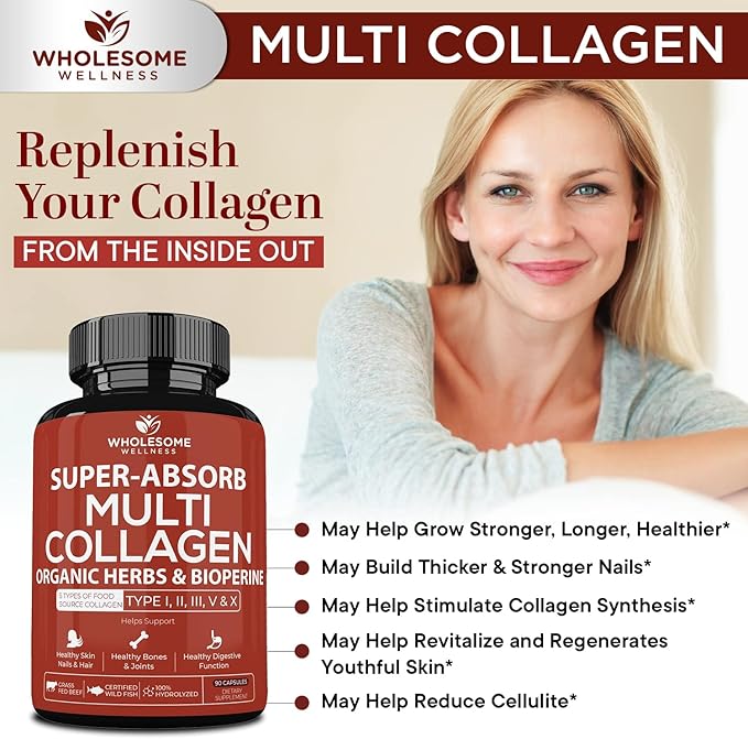 Wholesome Wellness Super-Absorb Multi Collagen Pills (Type I II III V X) Organic Herbs &amp Bioperine - Hair Skin Nails - Hydrolyzed Peptides Protein Supplement for Women &amp Men (90 Capsules)