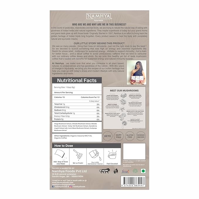Namhya Ayurveda Mushroom Coffee for Cognitive &amp Immune Support with Lion's Mane Turkey Tail Cordyceps &amp Reishi Mushrooms - Caffeine Free Instant Coffee for Focus Memory &amp Everyday Welln