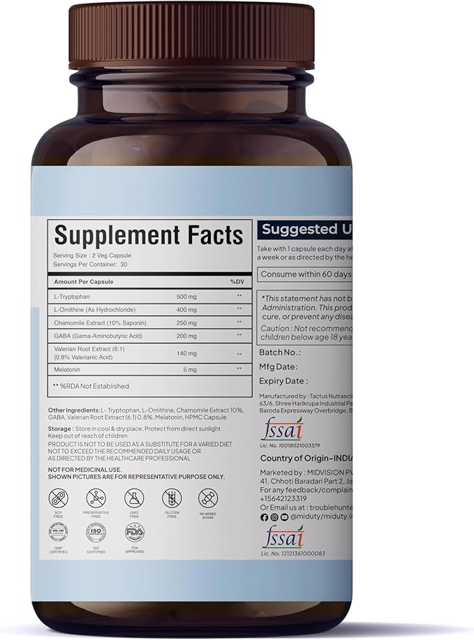Melatonin 5mg + GABA - L-Tryptophan - L-Ornithine - Chamomile Extract - Tryptophan -Gluten Free - Non-GMO - 60 Capsules