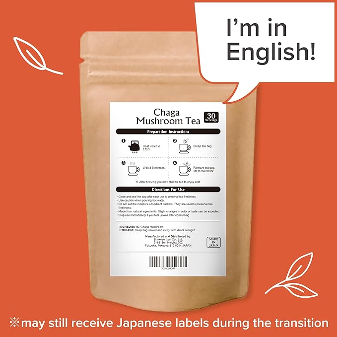 Onkatsu Farm Chaga Mushroom Premium Japanese Tea Bags Earthy Woody Flavor Hot or Iced Caffeine Free 30 Total Tea Bags