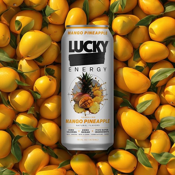 Lucky Energy Sugar Free Energy Drinks Mango Pineapple 16oz Cans (12-Pack) Healthy Zero Sugar Energy Drink with Maca Ginseng Beta-Alanine Taurine &amp 200mg Caffeine