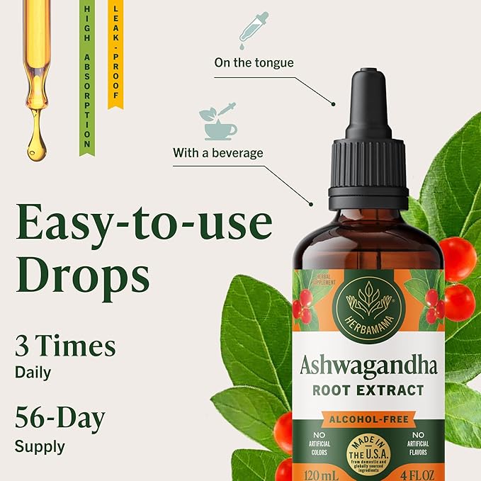 HERBAMAMA Ashwagandha Drops - Vegan Relaxation &amp Mood Support with Ashwagandha Root Extract - Non-GMO Alcohol &amp Sugar-Free Calming Supplements for Adults - 56-Day Supply