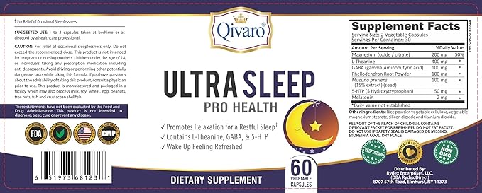 Ultra Sleep Pro Health - Sleep Aid for Adults with L-Theanine 5-HTP and GABA - Dietary Supplement for Better Sleep – Vegan and Non-GMO - Made in USA – 60 Capsules