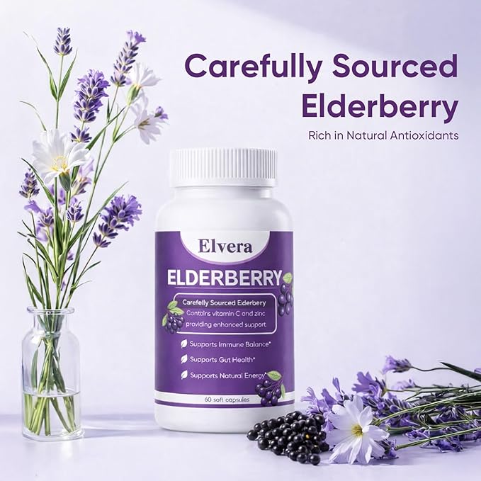 Elvera Gut Support Complex - Organic Black Elderberry Soft Capsules - 1200mg Elderberry Extract Vitamin C Zinc Daily Immune &amp Gut Support | Vegan Non-GMO | 60 Softgels