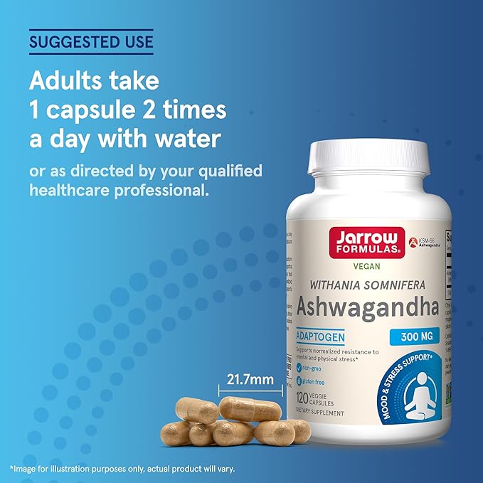 Jarrow Formulas Ashwagandha 300 mg - 120 Veggie Capsules - Overall Health &amp Resistance to Fatigue - Supplement Supports Endurance Muscle Recovery &amp Cognitive Health - 60 Servings (Pack of 12)