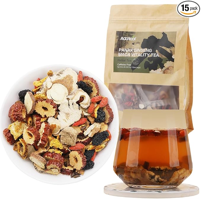 Addtool Maca Ginseng Power Blend TeaGinseng-Infused ten Treasure Kidney Tea  for Women &amp Men。withReishi Red Date Wolfberry Mulberry Cassia seedPremium (180 grams / 15 packs) Each tea bag can b