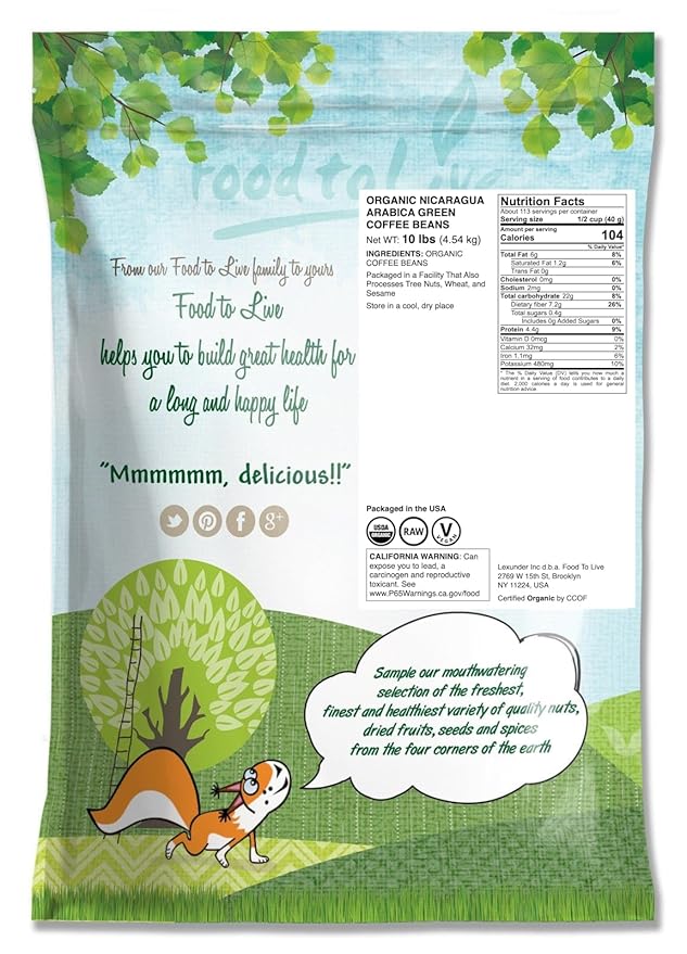 Food to Live Organic Nicaragua Arabica Green Coffee Beans 10 Pounds – Whole Unroasted Washed Bean. Fresh Crop. No-GMO Vegan Bulk