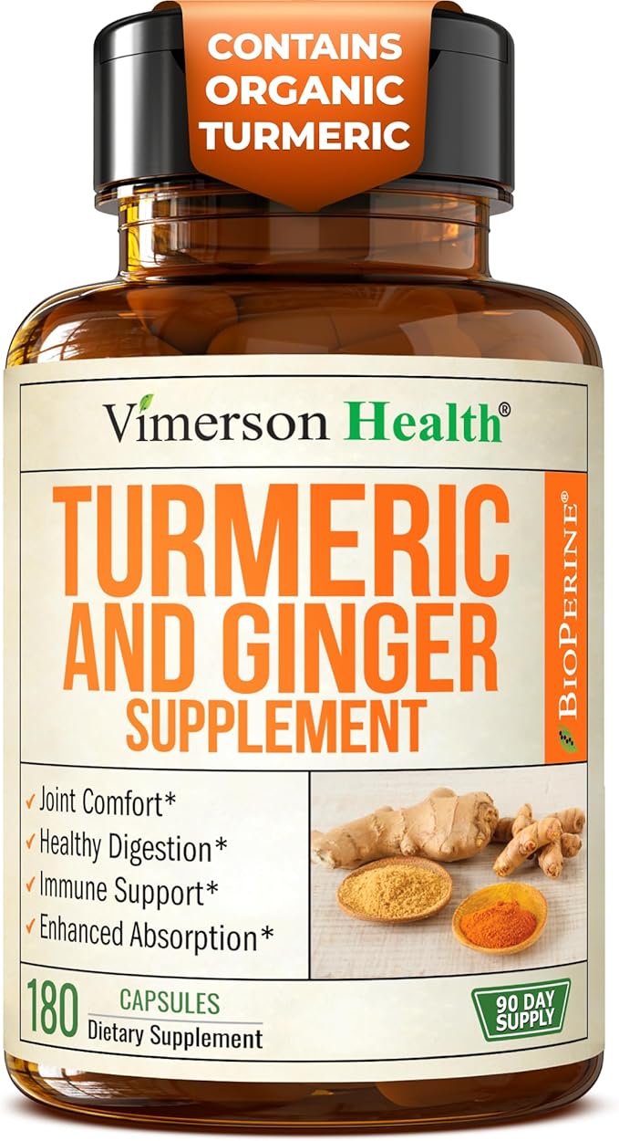 Turmeric Curcumin Supplement with Ginger Root for Joint Support Digestive &amp Gut Health - Contains Organic Turmeric Curcumin with Black Pepper (Bioperine) for Enhanced Absorption - 180 Capsules