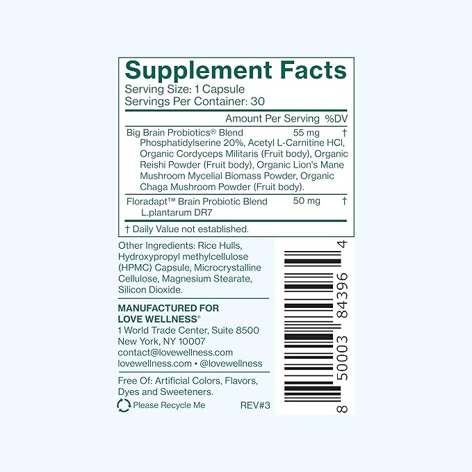 Love Wellness Big Brain Probiotics | Nootropics Brain Support Supplement | Brain Supplements for Memory and Focus | Promotes Mental Clarity &amp Mood | Organic Reishi Chaga &amp Lions Mane | 30 Co