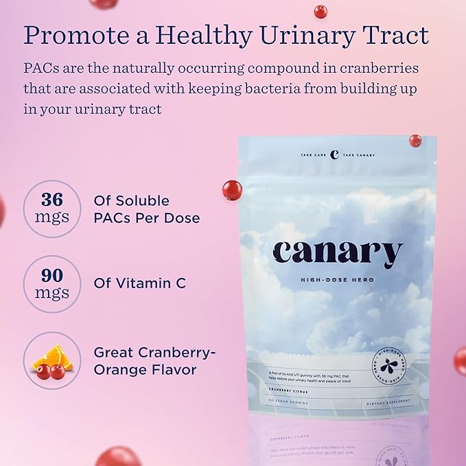 Canary High-Dose Hero - Urinary Tract Health Gummies Supplement Helps Cleanse &amp Protect Delicious Natural Cranberry Flavor 60 Gummies