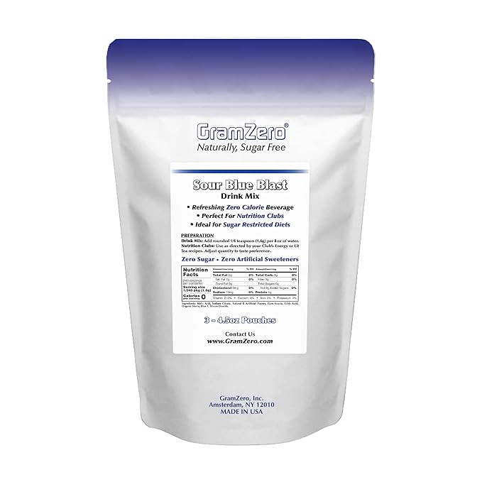 GramZero Sour Blue Blast Zero Calorie Sugar Free Drink Mix Great For Nutrition Club Loaded Tea Stevia Sweetened