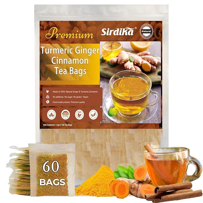 Premium Turmeric Ginger Cinnamon Tea Bags Organic 100% Natural Hand-Made Blend Ginger Turmeric Tea No Sugar No Caffeine No Gluten Vegan. (60)