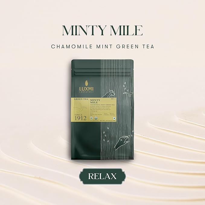 Luxmi Estates Minty Mile Organic Chamomile Mint Green Tea (50 Tea Bags) Low Caffeine Tea Bags For Relaxing Calming and Stress Relief With Certified Organic Darjeeling Makaibari Green Tea