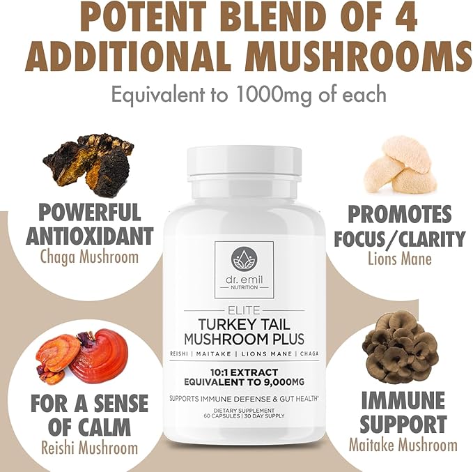 DR. EMIL NUTRITION Turkey Tail Mushroom Capsules - Turkey Tail Mushroom Supplement for Immunity &amp Gut Health - Elite Formula with Lion's Mane Chaga Reishi &amp Maitake