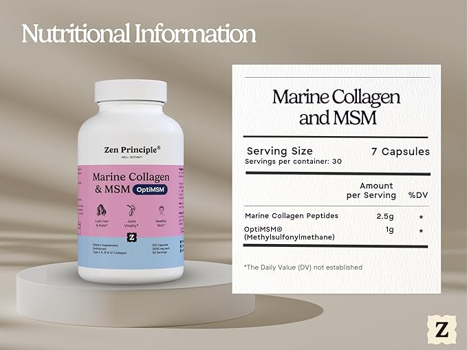 Zen Principle Marine Collagen Peptides Powder with OptiMSM® Supplement. Clinically Tested for Skin Support. Wild-Caught Fish Non-GMO. 420 Capsules.
