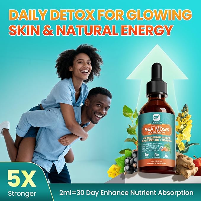 Sea Moss Drops - Irish Sea Moss Chlorophyll Liquid with Black Seed Oil Ashwagandha Moringa Turmeric Elderberry Mullein Seamoss Gel Supplement for Gut &amp Liver Cleanse Immune Support - Vegan