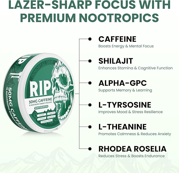 Immortal Drip RIP Nootropic Energy Pouches (Wintergreen) – 5 Cans – 15 Pouches per Can – Clean Energy &amp Focus Support – 50mg Caffeine Shilajit Alpha-GPC L-Tyrosine Rhodiola