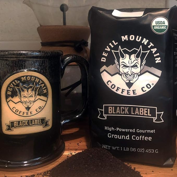 Devil Mountain Coffee Black Label Dark Roast Ground Coffee Strong High Caffeine Coffee Grounds USDA Organic Fair Trade Gourmet Artisan Roasted Strongest Coffee in the World 32 oz Bag
