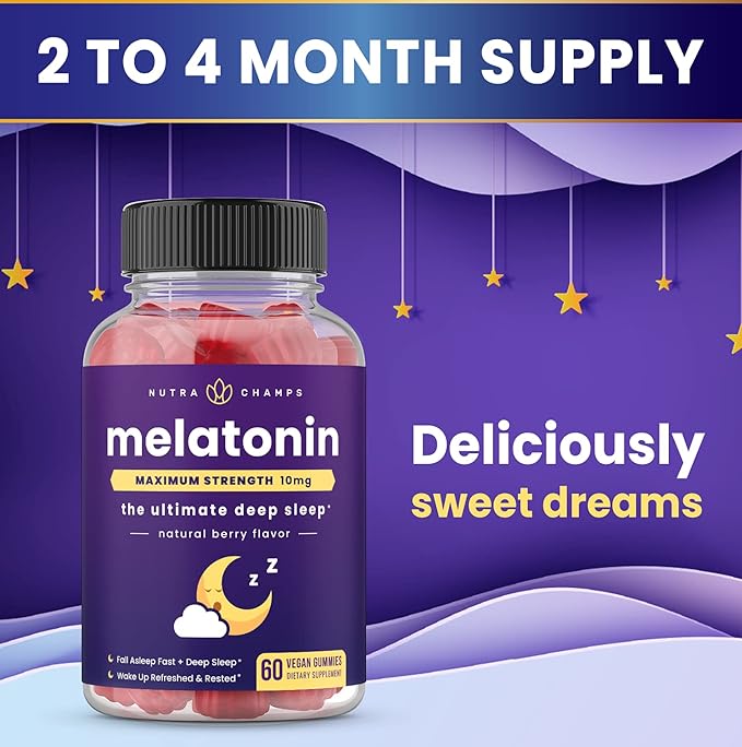 NutraChamps (Pack of 2 Melatonin Gummies for Adults Extra Strength Sleep Aid Vitamins 5mg or 10mg Dose Vegan Natural Strawberry Flavor Supplement for Better Sleep 120 Gummies