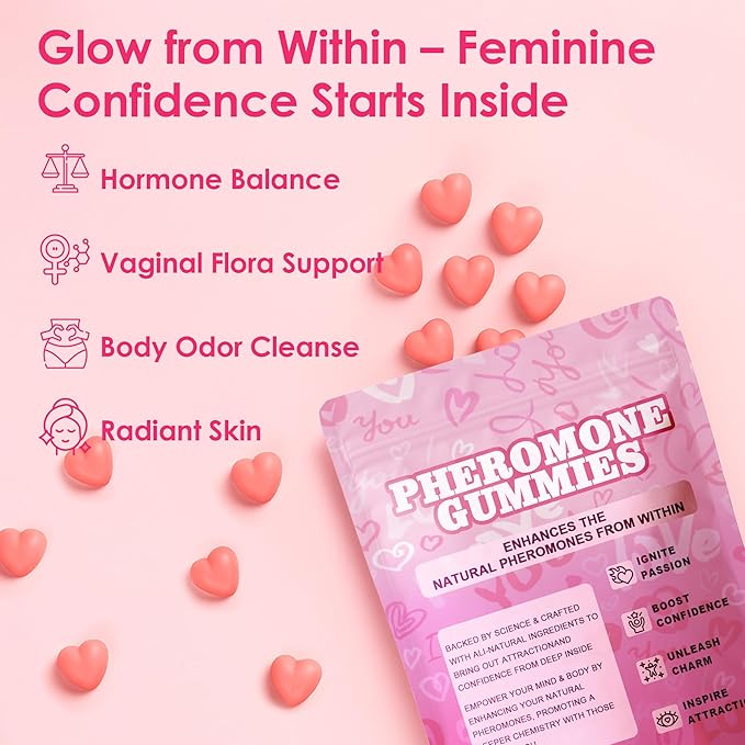 Pheromone Gummies for Women with Slippery Elm- Enhance Your Confidence &amp Attraction - Natural Hormone Balance &amp Body Odor Support Non-GMOGluten-FreeStrawberry Flavor– 60 Vegan Gummies