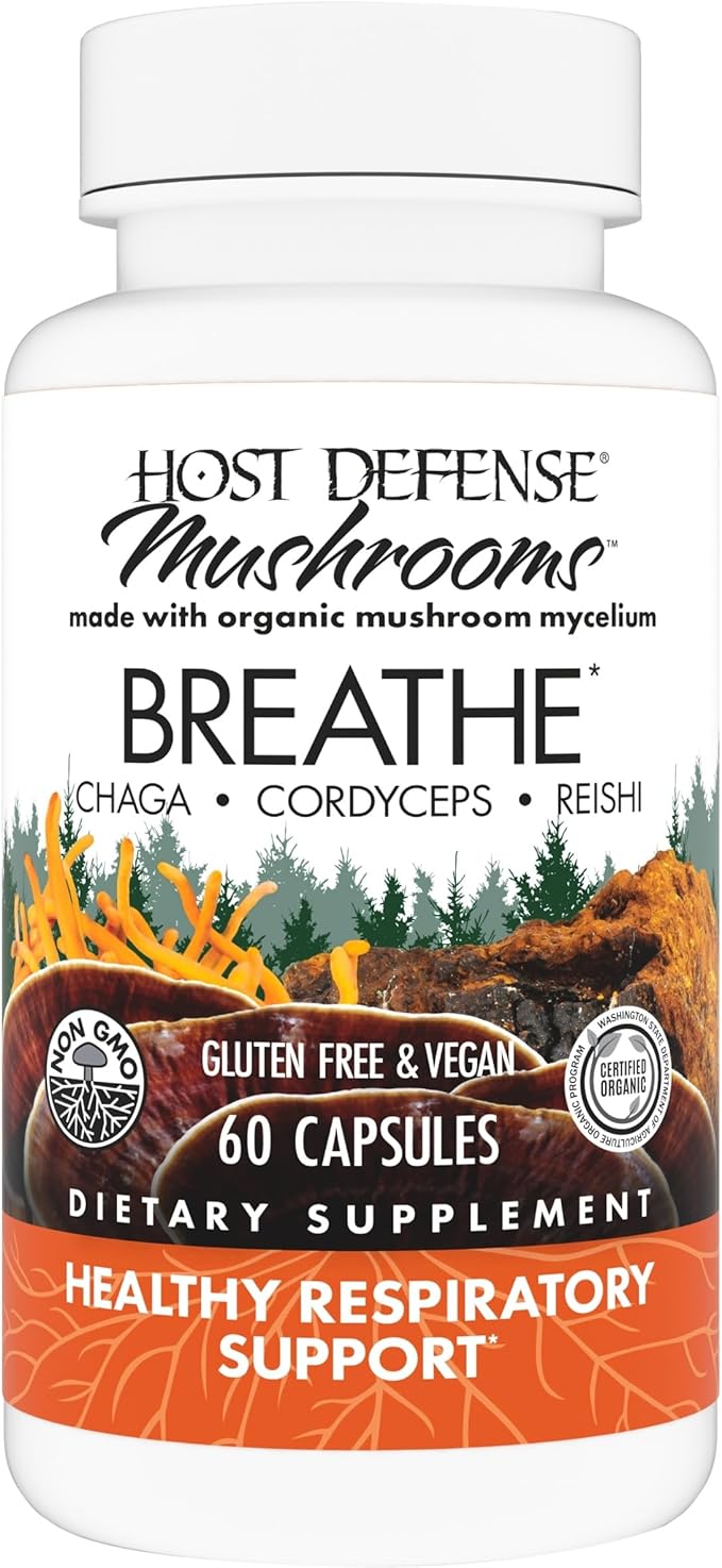 Host Defense Breathe* Capsules - Immune &amp Respiratory Support Mushroom Supplement - Herbal Lung Health Supplement with Chaga Reishi &amp Cordyceps - 60 Capsules (30 Servings)*