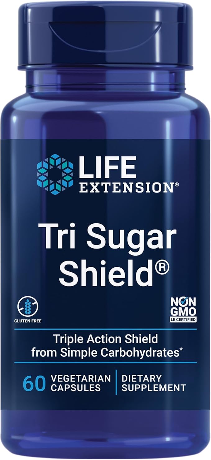 Life Extension Tri Sugar Shield® Sorghum bran White Mulberry phloridzin Apple polyphenol Three Botanical extracts Promote Healthy Glucose Metabolism Gluten-Free Non-GMO Vegetarian 60 Capsules