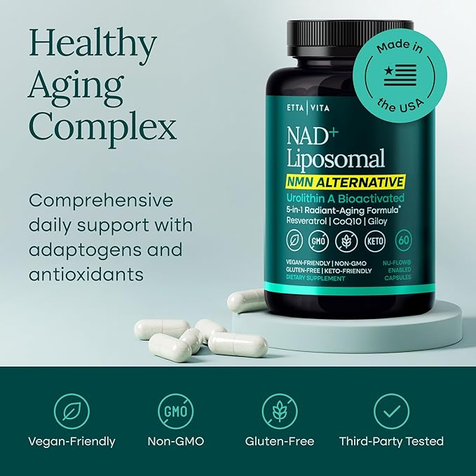 Liposomal NAD+ Supplement - Resveratrol Urolithin A CoQ10 &amp Muira Puama (Made in USA) NAD Supplement for Natural Energy Brain Fog Digestion Detox Gut Health Microbiome NR NMN Replacement