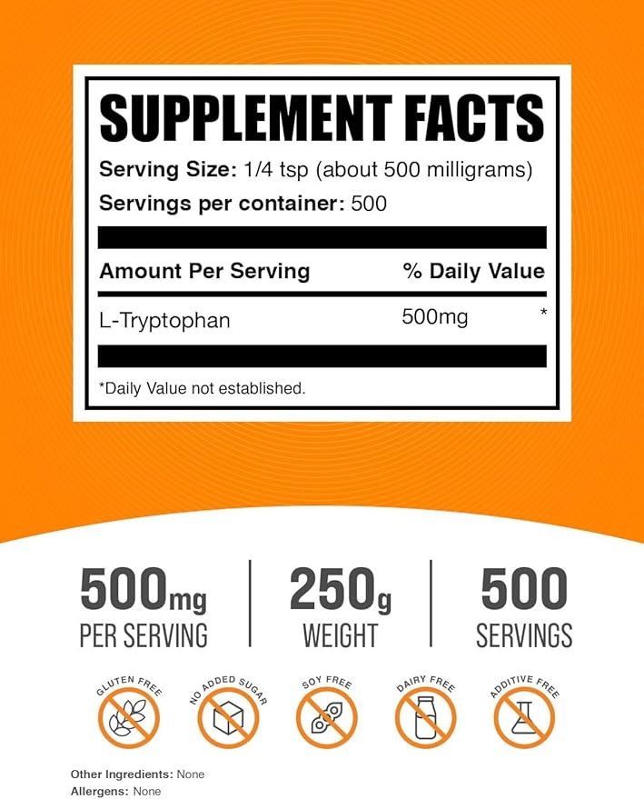 BulkSupplements.com L-Tryptophan Powder - Tryptophan Supplement Amino Acid Supplement - Gluten Free 500mg per Serving 250g (8.8 oz) (Pack of 1)