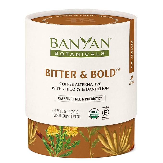 Banyan Botanicals Bitter &amp Bold – Organic Caffeine-Free Herbal Coffee Alternative – Milk Thistle Chicory and Dandelion Coffee Alternative – 3.5 oz 16 servings – Fair for Life Non-GMO Vegan