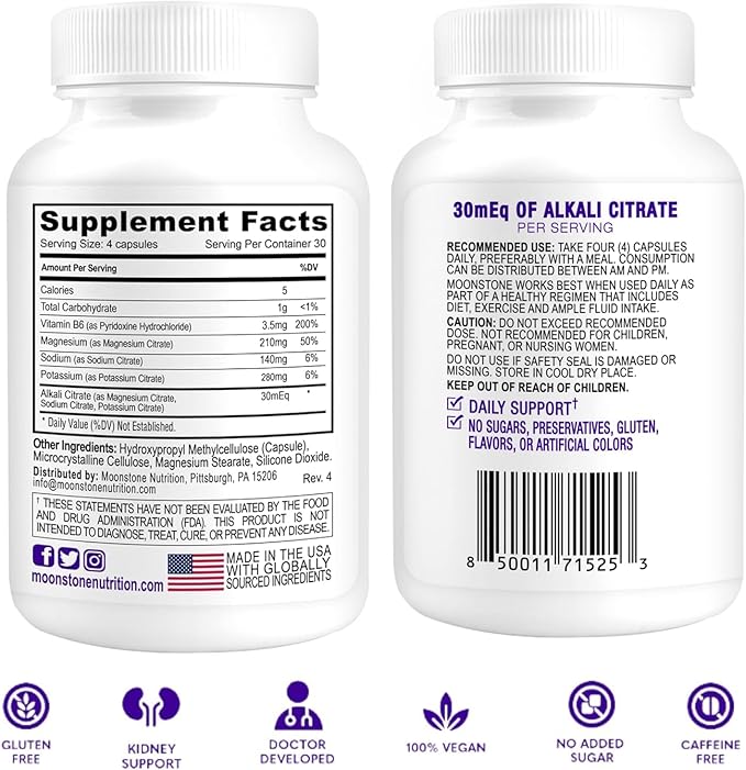 Moonstone Stone Stopper Capsules Kidney Stone Prevention Calcium Oxalate Protector Alkali Citrate Support Supplement Developed by Urologists to Support Kidney Health 30 Day Supply (120 Count)