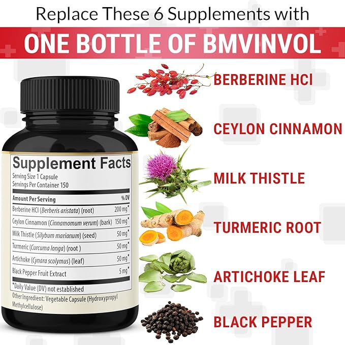 Berberine with Ceylon Cinnamon Turmeric Milk Thistle Artichoke Black Pepper - 150 Count - Pack of 1