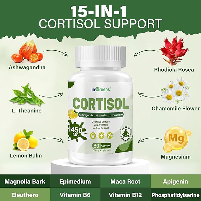Cortisol Supplement 15-in-1 Cortisol Manager with Ashwagandha L-Theanine &amp Magnesium Supports Cortisol Health Relaxation &amp Restful Sleep 60 Capsules