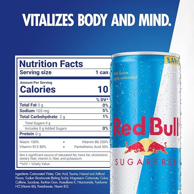 Red Bull Sugar Free Energy Drink with 80mg Caffeine plus Taurine &amp B Vitamins 8.4 Fl Oz Pack of 12 Cans