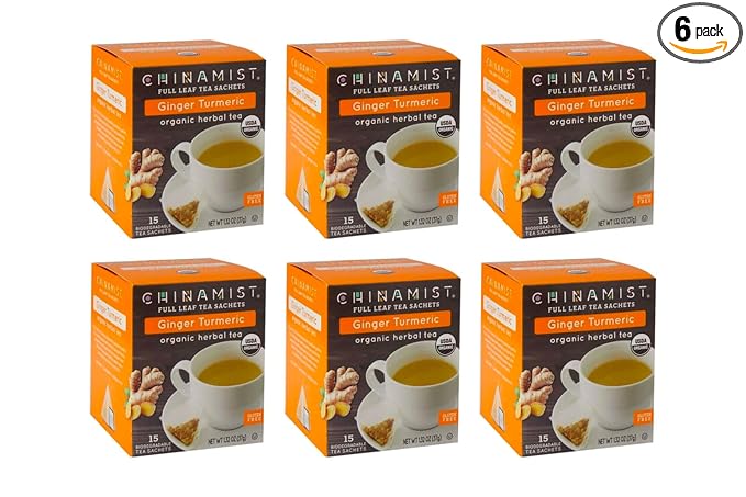 China Mist Full Leaf Tea Sachets Ginger Turmeric Organic Herbal Tea 6x15 Biodegradeable Tea Sachets (90 total)