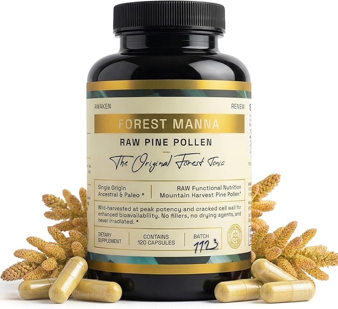 Forest Manna RAW Pine Pollen Capsules – Adaptogenic Functional Nutrition – Single Origin Pine Pollen – Vegan Gluten-Free &amp Non-GMO – 120 Capsules