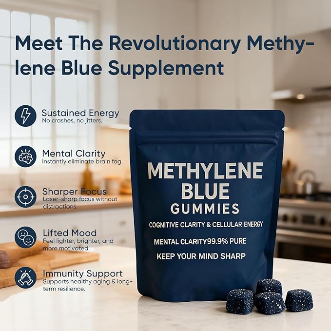 TrueHealthic Methylene Blue Gummies - Methylene Blue Gummies for Men Sustained Energy | Reduced Brain Fog | Mental Clarity | 99.9% Pure 30 Per Bag