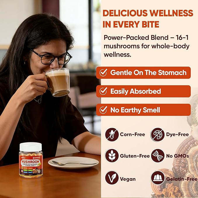 Mushroom Gummies 16-IN-1 Brain Gummies w/Lion’s Mane Reishi Cordyceps Chaga Maitake B12 DHA Ashwagandha L-Theanine &amp More Mushroom Supplement for Adults -Memory Focus &amp Energy Suppo