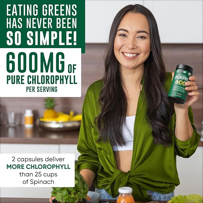 Chlorophyll Capsules 600 mg - Natural Chlorophyll Pills for Women &amp Men - Highly BioAvailable Chlorophyll Supplement for Energy Immunity Skin + Internal Deodorant