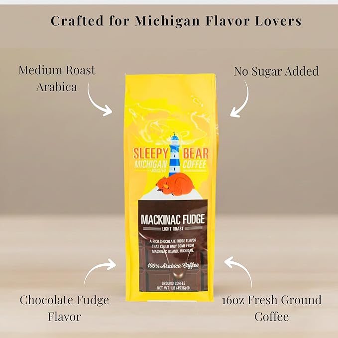 Sleepy Bear Mackinac Fudge Ground Coffee – Flavored Light Roast Arabica with Rich Fudge Flavor Michigan-Made Smooth &amp Sweet Blend No Sugar Added 16oz Reclosable Bag (1 16 oz)