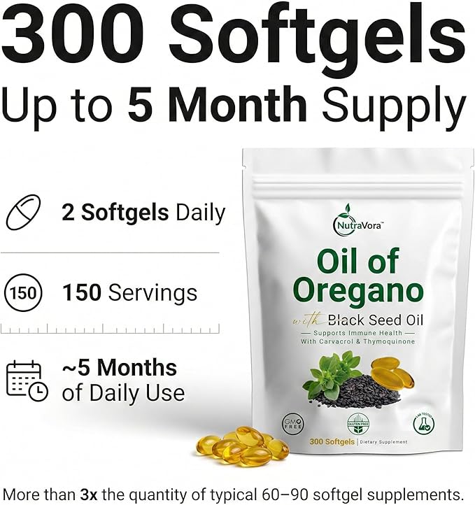 Oil of Oregano with Black Seed Oil Capsules – Dietary Supplement for Immune &amp Respiratory Wellness Support – with Carvacrol &amp Thymoquinone – Non-GMO Gluten-Free – 300 Softgels