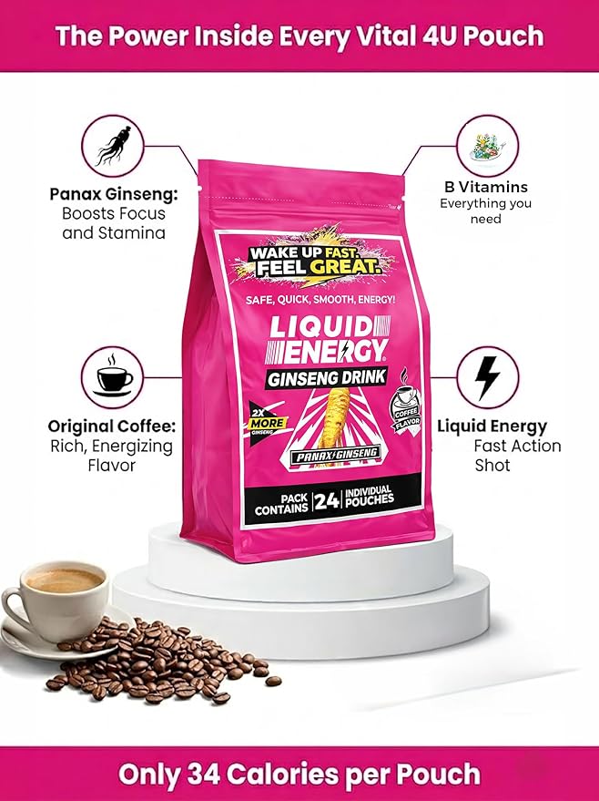 Vital 4U Liquid Energy Shot - Ginseng B Vitamins Naturally Sweetened Coffee Flavor 24 ct