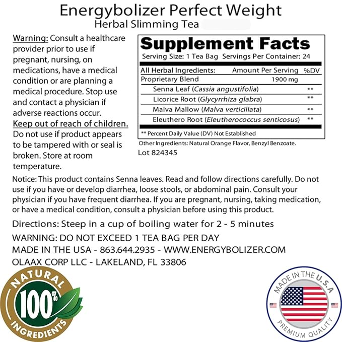 Energybolizer Perfect Weight Herbal Tea (24 Bags)| Natural Energy Booster for Women and Men | Increase Energy Improve Digestion (Mango Orange Grapefruit)