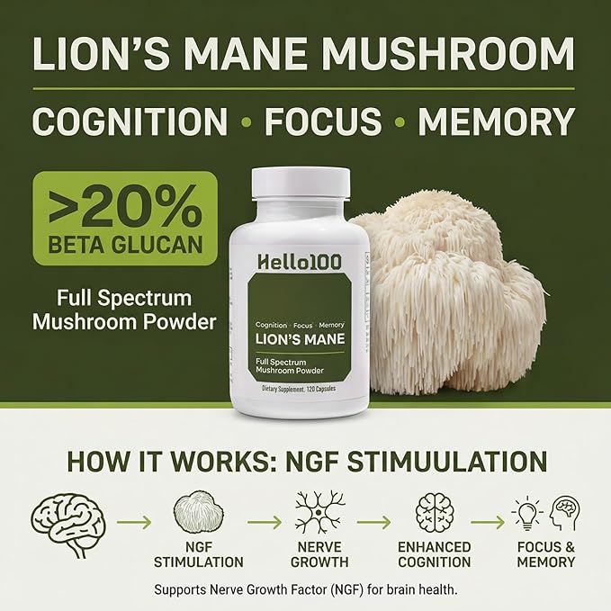 Lion’s Mane Mushroom Supplement 1000mg - Dual Extract for Focus Memory &amp Mental Clarity - High Potency Nootropic Brain Supplement with 20% Beta-Glucans - Fruiting Body &amp Mycelium - 60 Caps