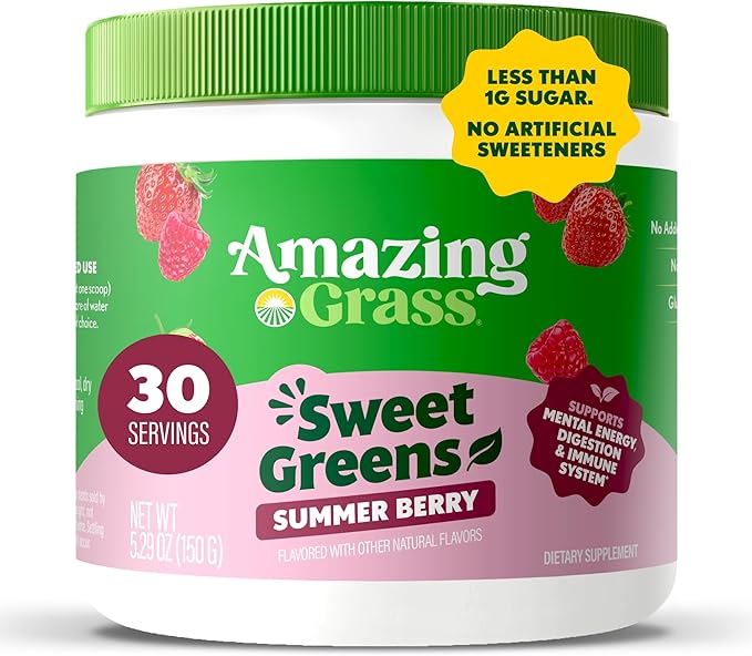 Amazing Grass Sweet Greens and Superfoods Powder for Digestive Health Greens Powder Digestive Enzymes Probiotics Spirulina Chlorella Summer Berry 30 Servings