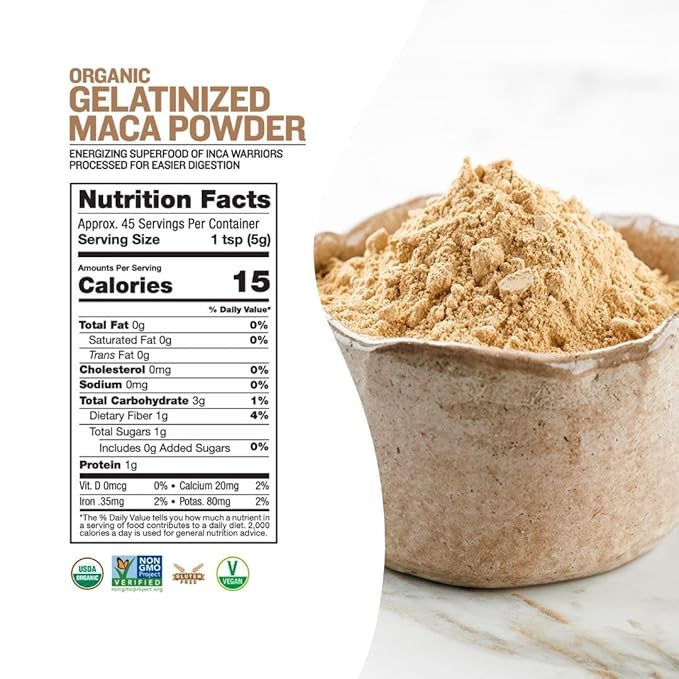 Sunfood Superfood Organic Gelatinized Maca Root Powder - Pure Raw Maca Powder for Women &amp Men Use in Coffee or Smoothie Certified USDA Organic Non-GMO Vegan Gluten Free Earth Kosher - 8 oz B