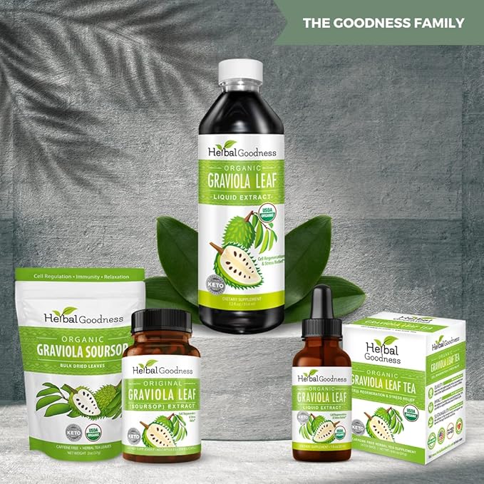 Herbal Goodness Graviola Leaf Extract 15X Strength - Soursop (Guanabana) Leaves Liquid USDA Organic Non-GMO Kosher Cell Support &amp Regeneration &amp Stress Relief Immune Boost 12(12oz) btls
