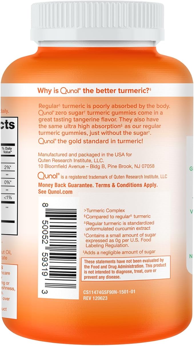 Qunol Zero Sugar Turmeric Gummies Gummy with 500mg Turmeric Curcumin Joint Support Supplement Ultra High Absorption Turmeric Curcumin Vegetarian Gluten Free 90 Count