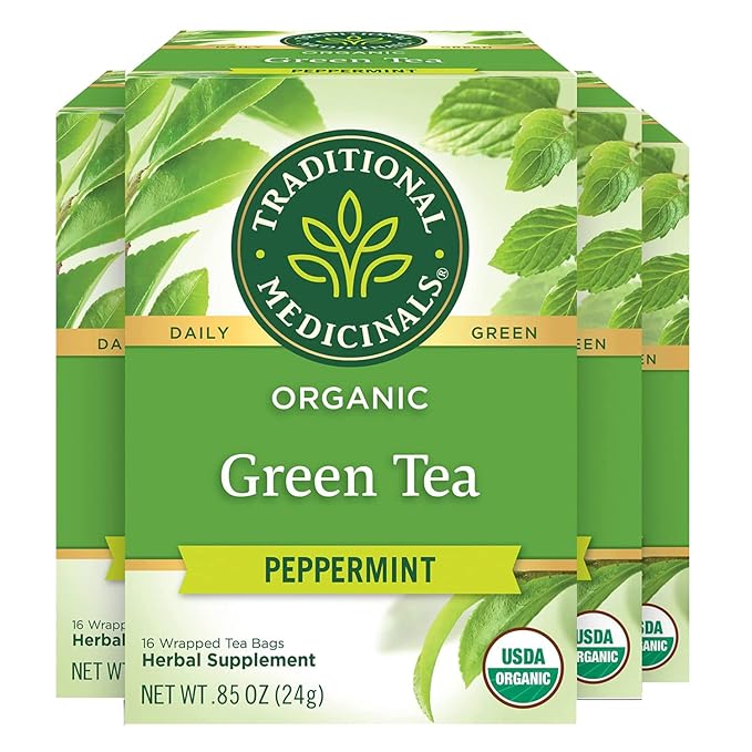 Traditional Medicinals Organic Green Tea Peppermint Herbal Tea Alleviates Digestive Discomfort (Pack of 4) - 64 Tea Bags Total